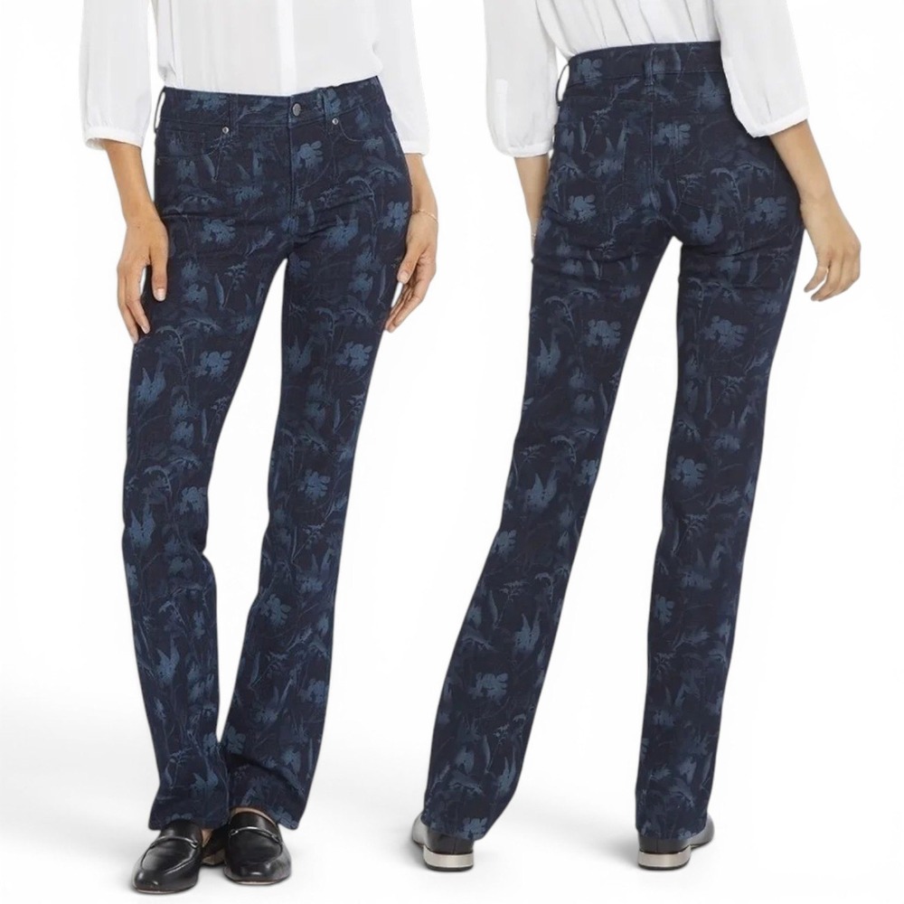 NYDJ Marilyn Straight Jeans Womens 6P Petite Blue Bishop Floral Lift Tuck NEW